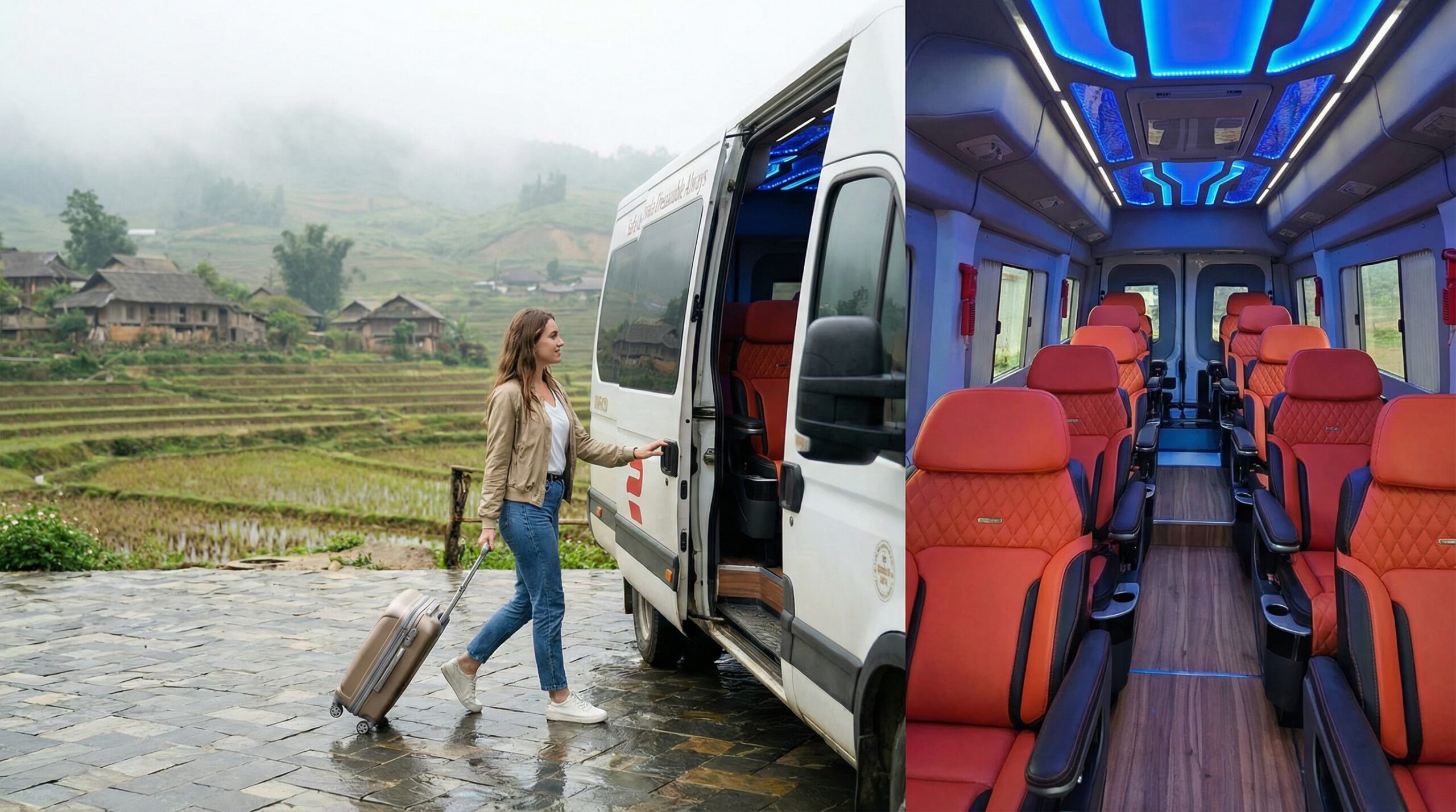 EcoSapa VIP limousine bus travelling from Hanoi to Sapa through mountain scenery
