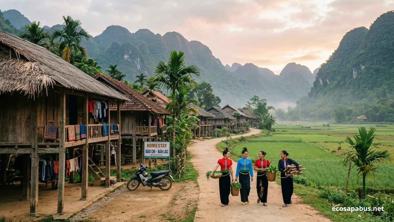 Lac Village Mai Chau stilt houses White Thai homestay rice paddies — EcoSapa Bus Mai Chau village guide