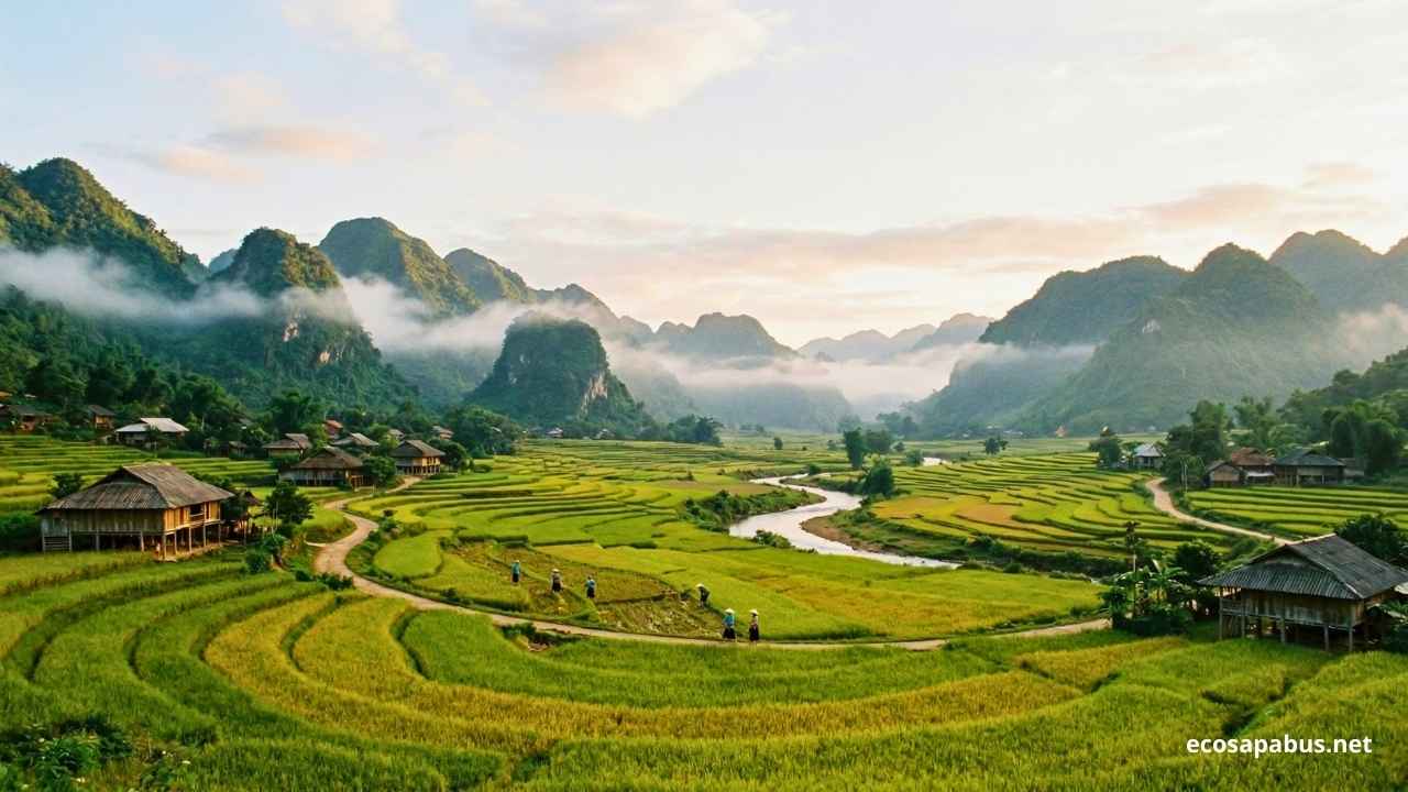 Mai Chau valley rice terraces green mountains stilt houses homestay Vietnam — EcoSapa Bus Mai Chau travel guide 2026