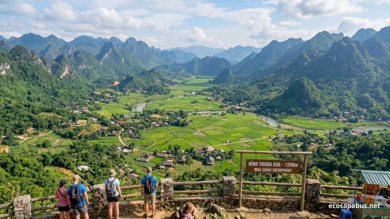 Mai Chau valley panoramic view rice terraces green mountains — EcoSapa Bus Mai Chau travel guide 2026