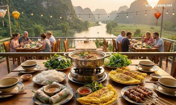 Phong Nha restaurant local Vietnamese food riverside evening Quang Binh cuisine