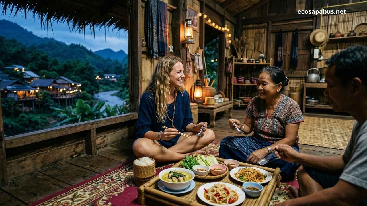 White Thai food Mai Chau bamboo rice grilled chicken communal dinner homestay — EcoSapa Bus food guide