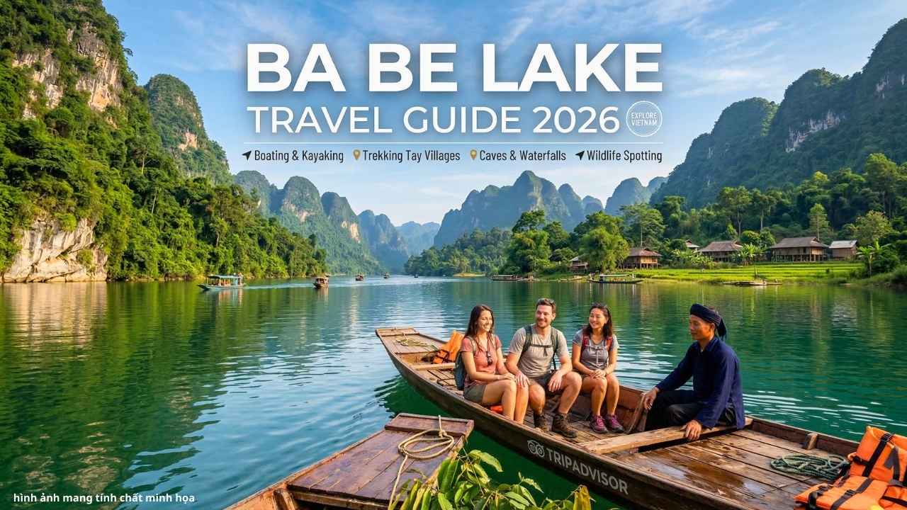 Ba Be Lake panoramic view with mountains and boats