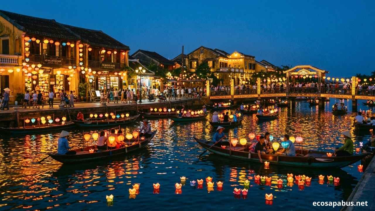 Hoi An Ancient Town at night with colorful lanterns reflecting on the river — EcoSapa Bus Hoi An travel guide 2026