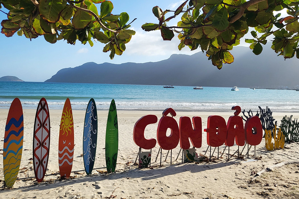 Con Dao island pristine beach and green hills