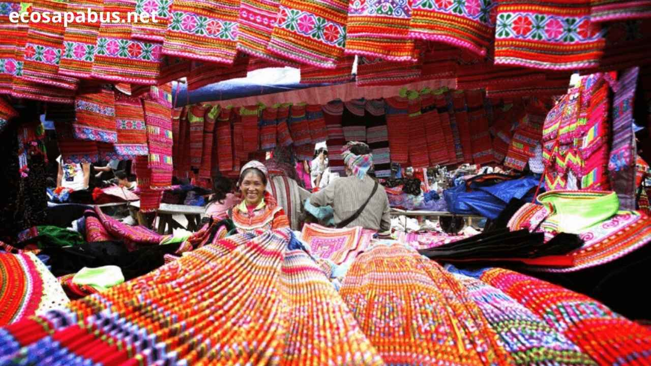 Colorful textiles and embroidered fabric at Bac Ha Market Vietnam