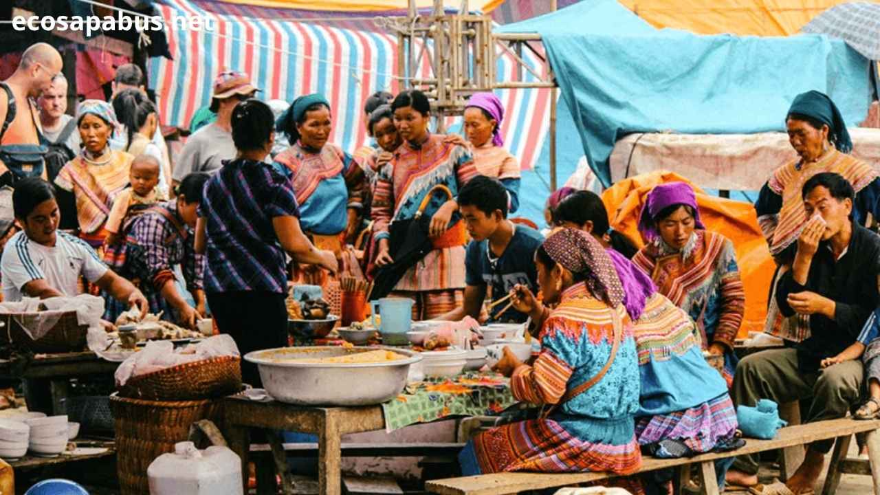 Local food stalls at Bac Ha highland market North Vietnam