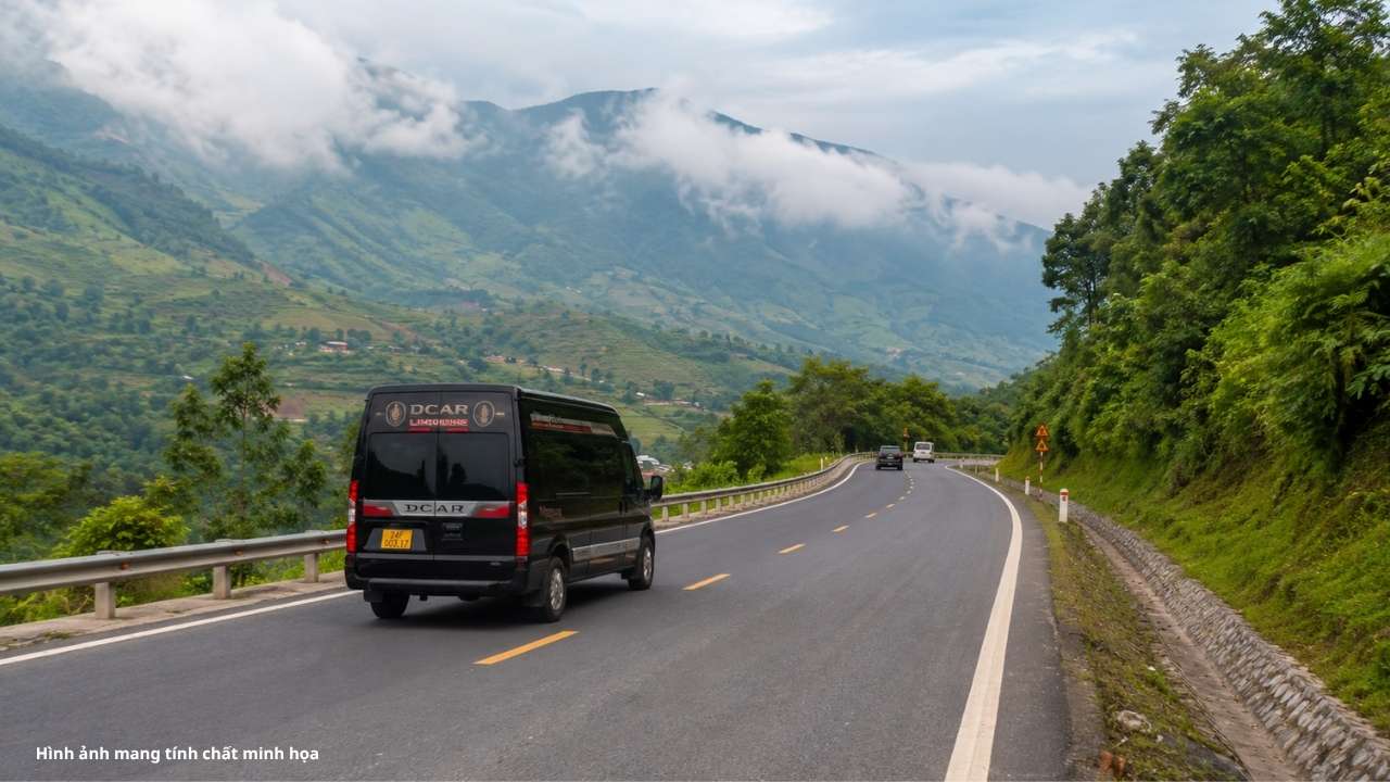 Mountain road from Lao Cai to Sapa used by buses vans and private cars every day