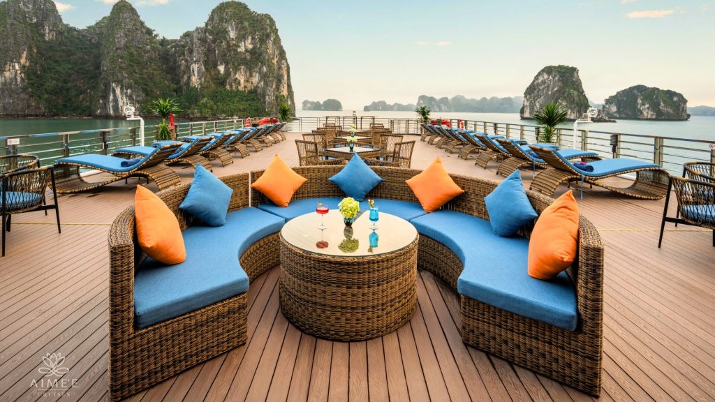 Aimee Cruise sundeck and outdoor seating overlooking Halong Bay