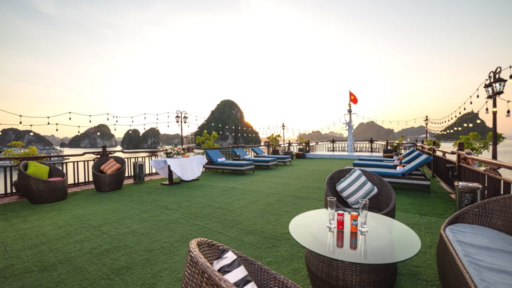 Amanda Cruise sundeck and outdoor seating overlooking Halong Bay