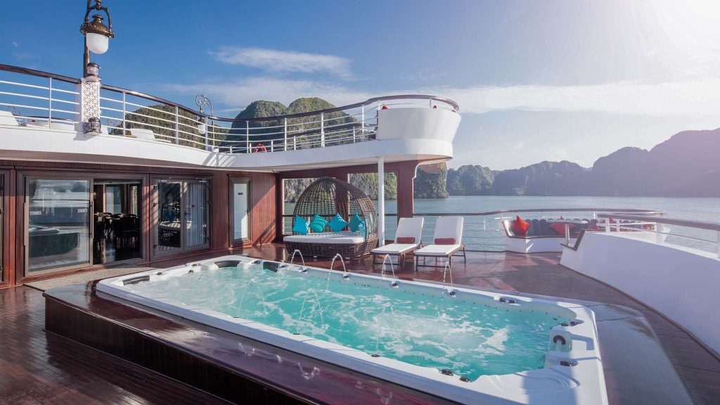 Ambassador Cruise outdoor jacuzzi with bay view on Halong Bay