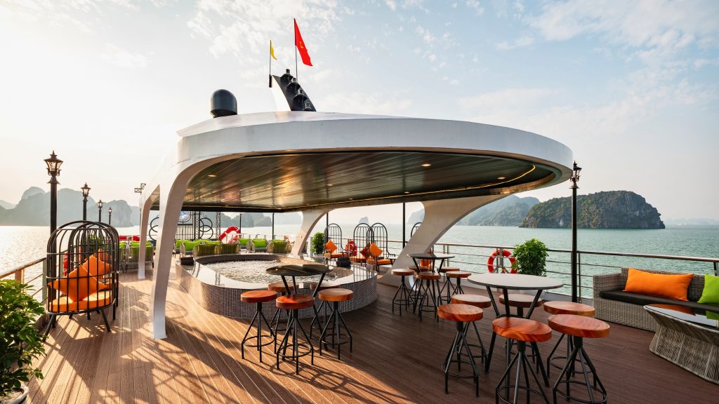Amethyst Day Cruise sundeck and outdoor seating overlooking Halong Bay
