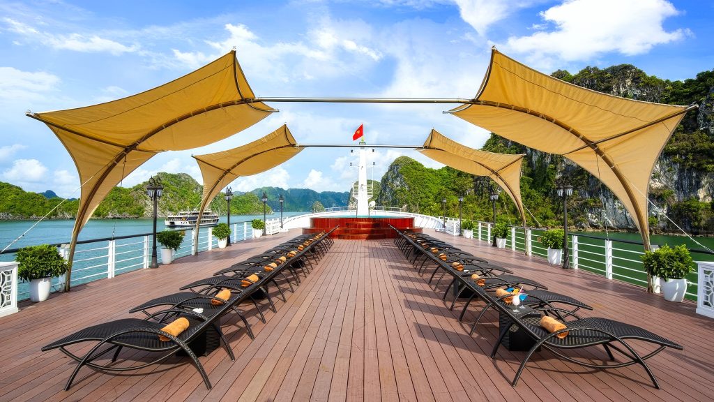 Aspira Cruises sundeck and outdoor seating overlooking Lan Ha Bay