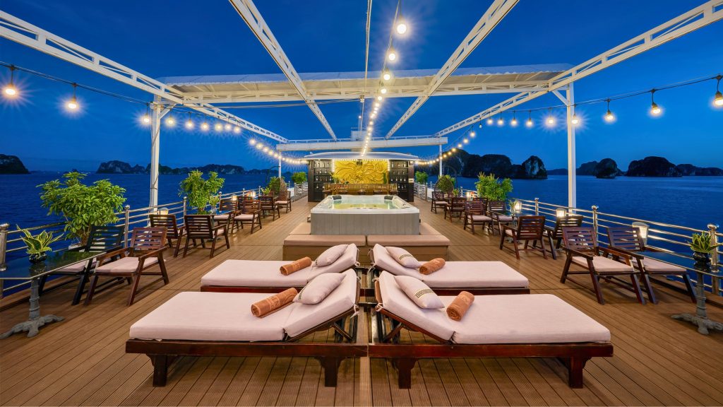 Athena Luxury Cruise sundeck and outdoor seating overlooking Halong Bay