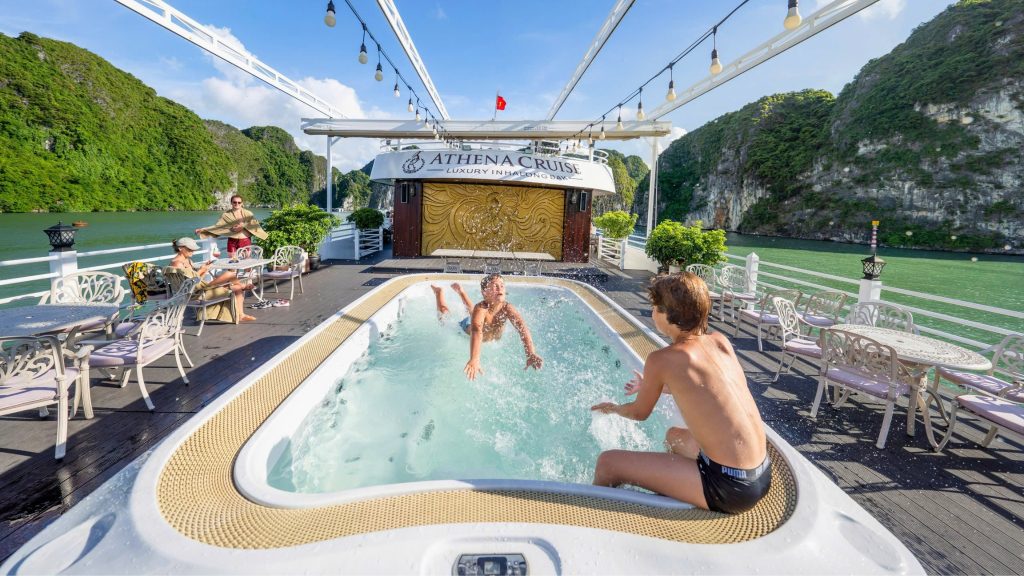 Athena Luxury Cruise outdoor jacuzzi with bay view on Halong Bay