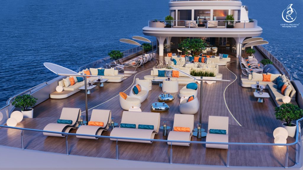 Athena Premium Cruise sundeck and outdoor seating overlooking Halong Bay