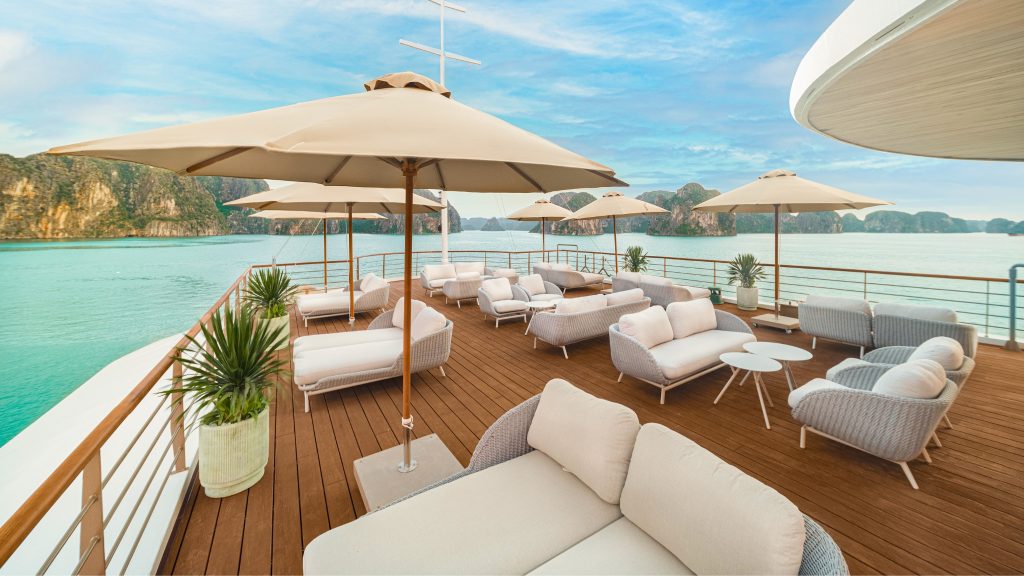 Bhaya Soul Cruise sundeck and outdoor seating overlooking Halong Bay - Lan Ha Bay