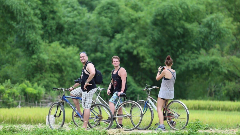 Biking through the stunning green fields