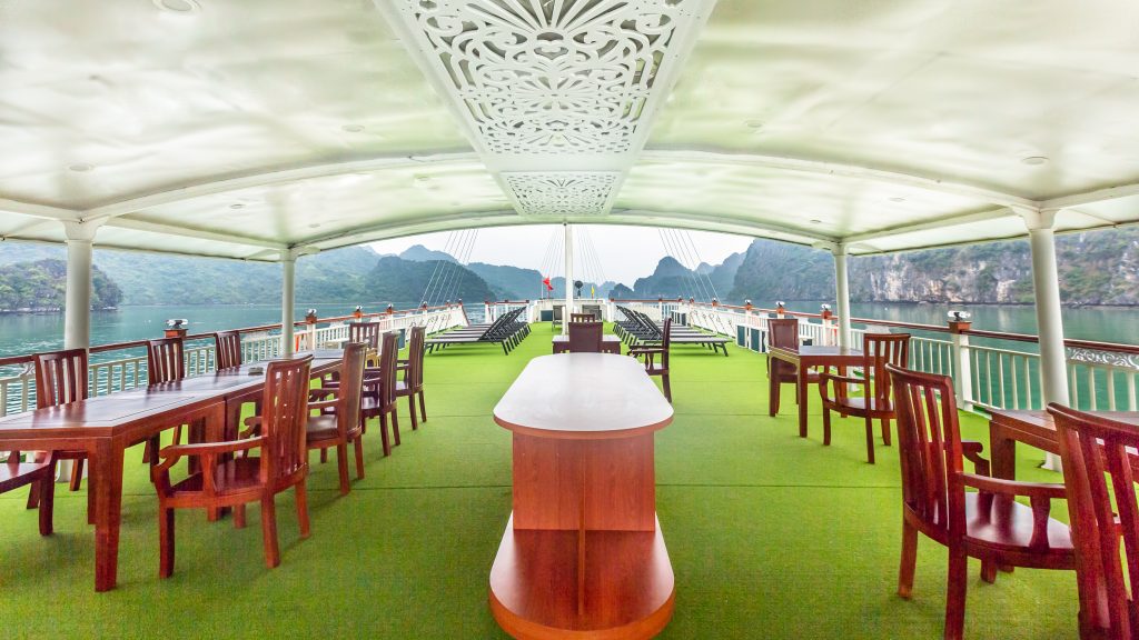 Calypso Cruise sundeck and outdoor seating overlooking Lan Ha Bay - Cat Ba Island