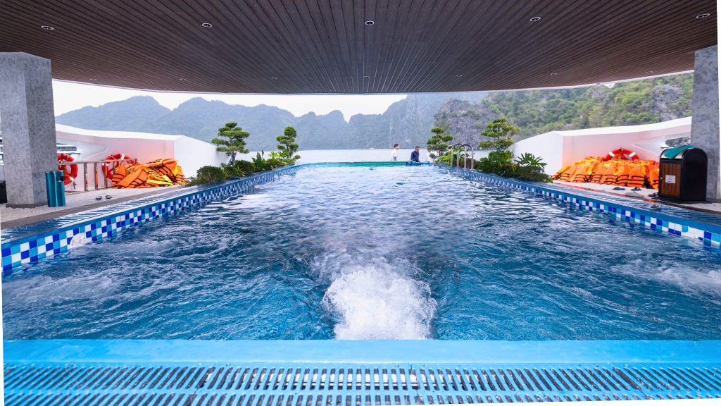 Celina of the Sea Cruise pool and open deck overlooking Lan Ha Bay