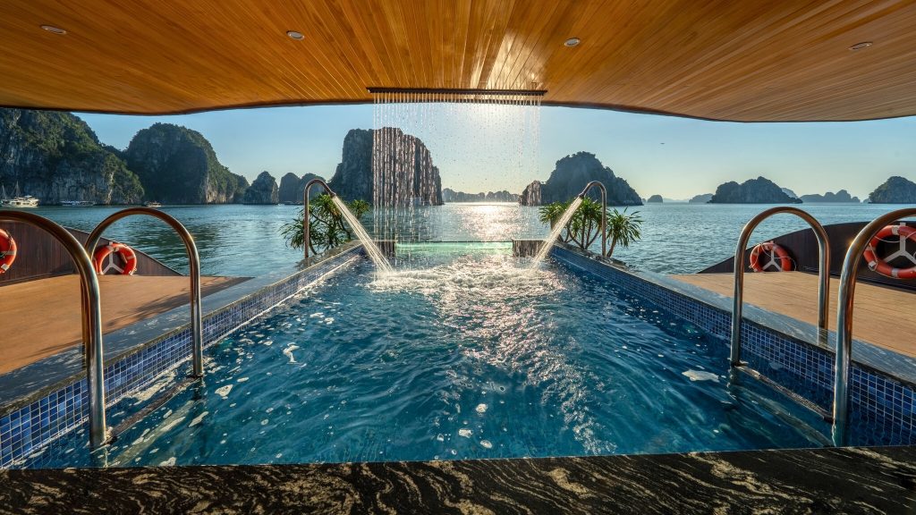 Cycad Cruise pool and open deck overlooking Bai Tu Long Bay
