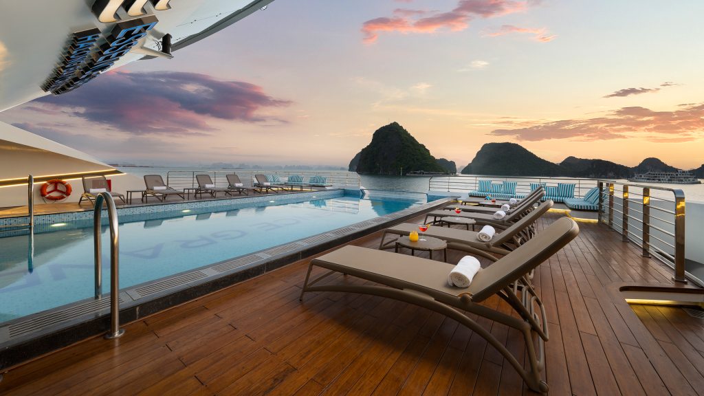 Grand Pioneers Cruise pool and open deck overlooking Halong Bay