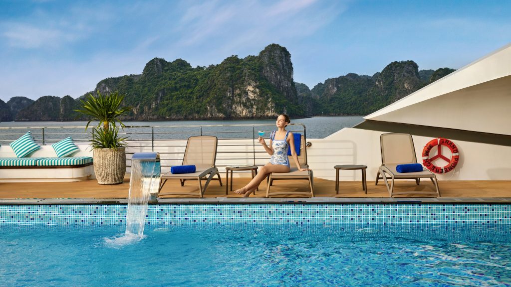 Grand Pioneers Cruise pool and open deck overlooking Halong Bay