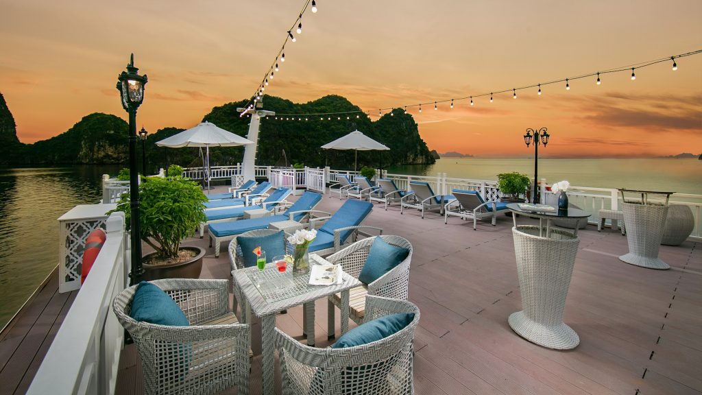 Hermes Cruise sundeck and outdoor seating overlooking Halong Bay