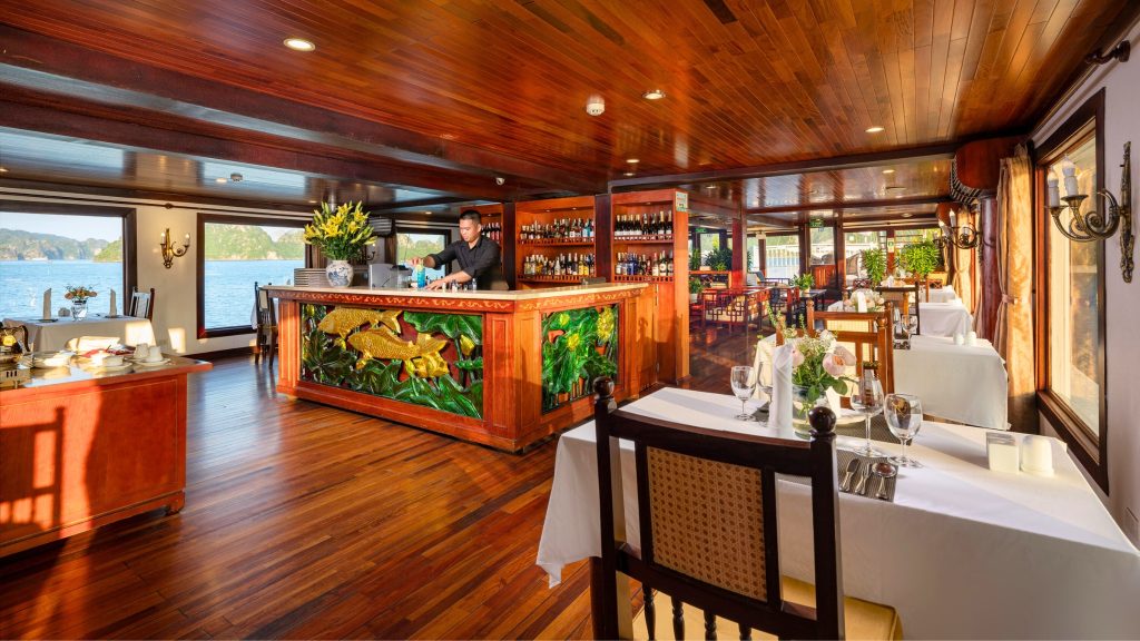 Indochina Sails restaurant and onboard dining area