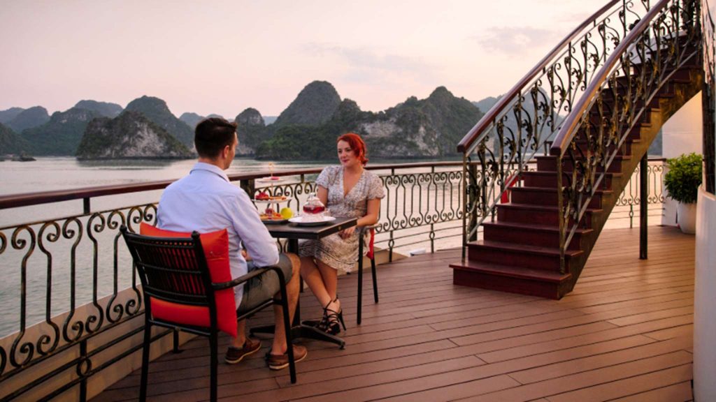 Indochine Cruise sundeck and outdoor seating overlooking Lan Ha Bay - Cat Ba Island
