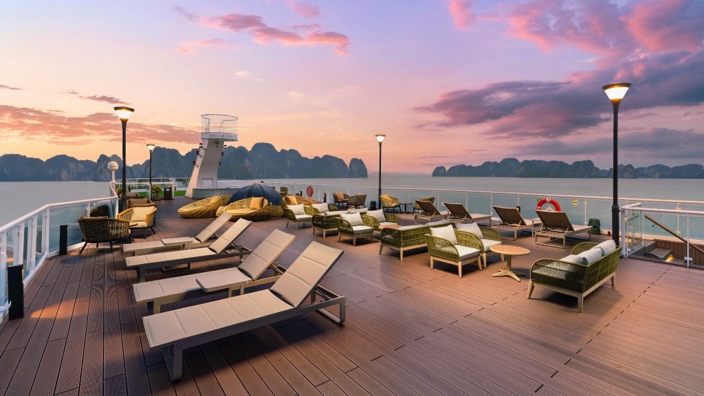 Lyra Grandeur Cruise sundeck and outdoor seating overlooking Lan Ha Bay - Cat Ba Island