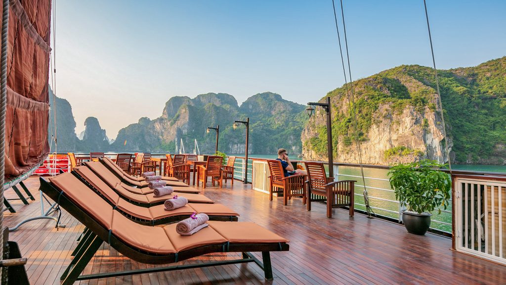 MilaLux Cruise sundeck and outdoor seating overlooking Halong Bay