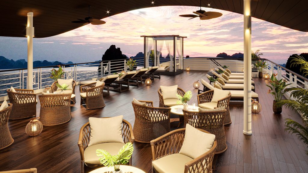 Nostalgia Sails sundeck and outdoor seating overlooking Lan Ha Bay - Cat Ba Island