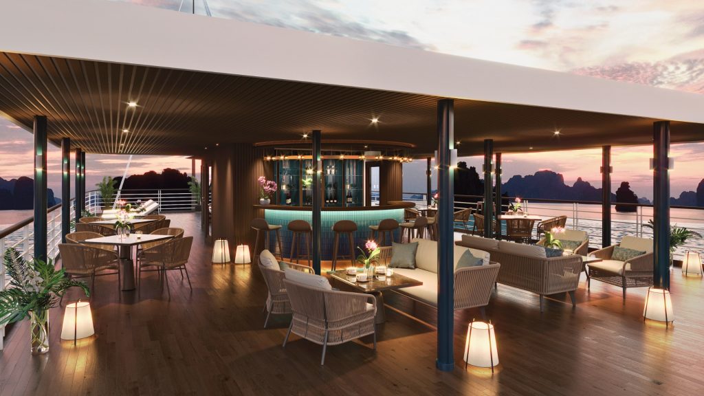 Orchid Luxury Cruise sundeck and outdoor seating overlooking Lan Ha Bay - Cat Ba Island