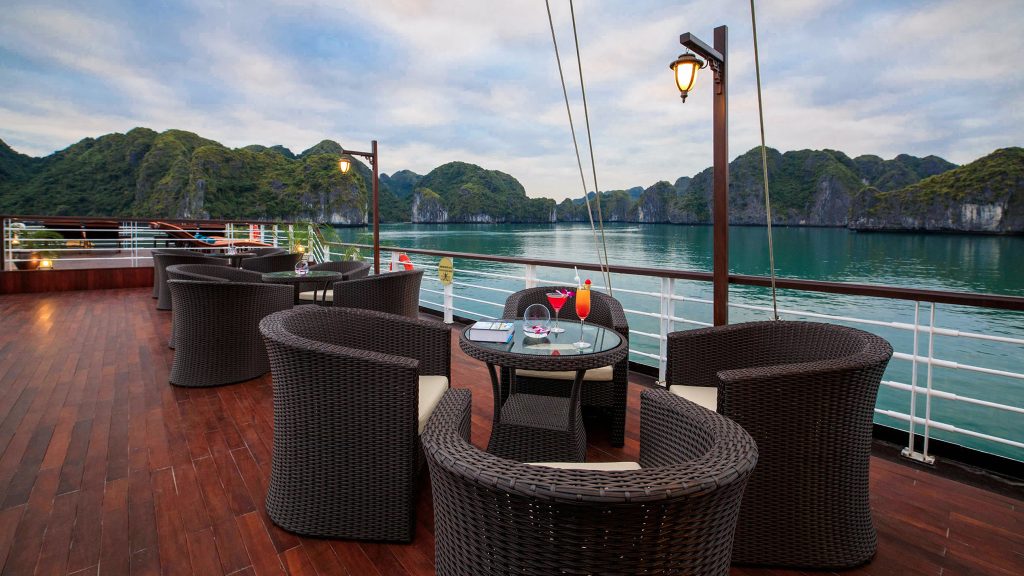 Orchid Trendy Cruise sundeck and outdoor seating overlooking Lan Ha Bay - Cat Ba Island