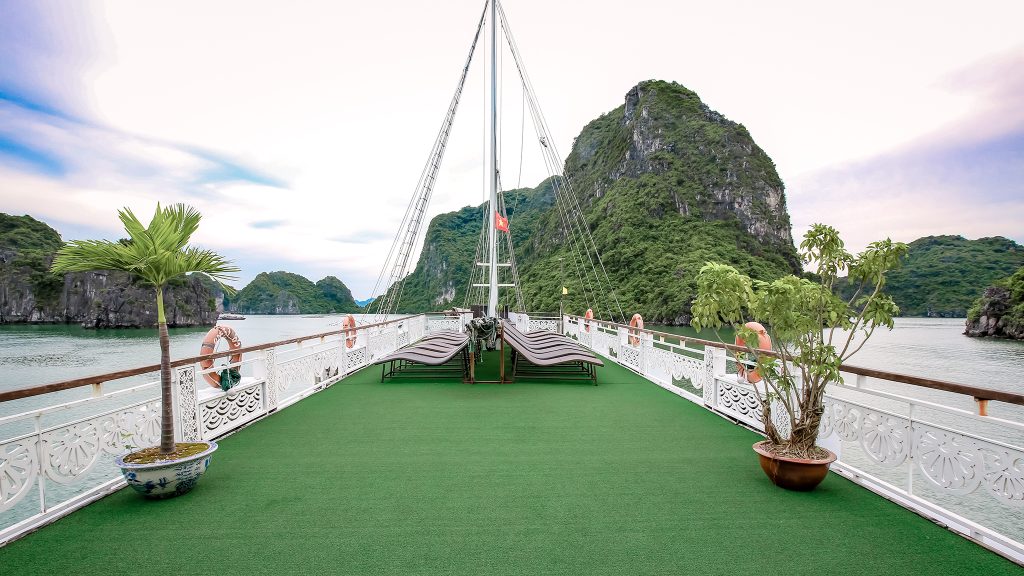 Oriental Sails sundeck and outdoor seating overlooking Halong Bay - Lan Ha Bay