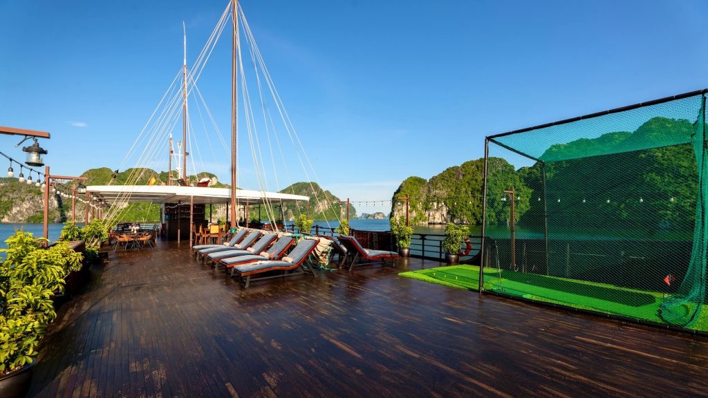 Phoenix Cruise sundeck and outdoor seating overlooking Halong Bay