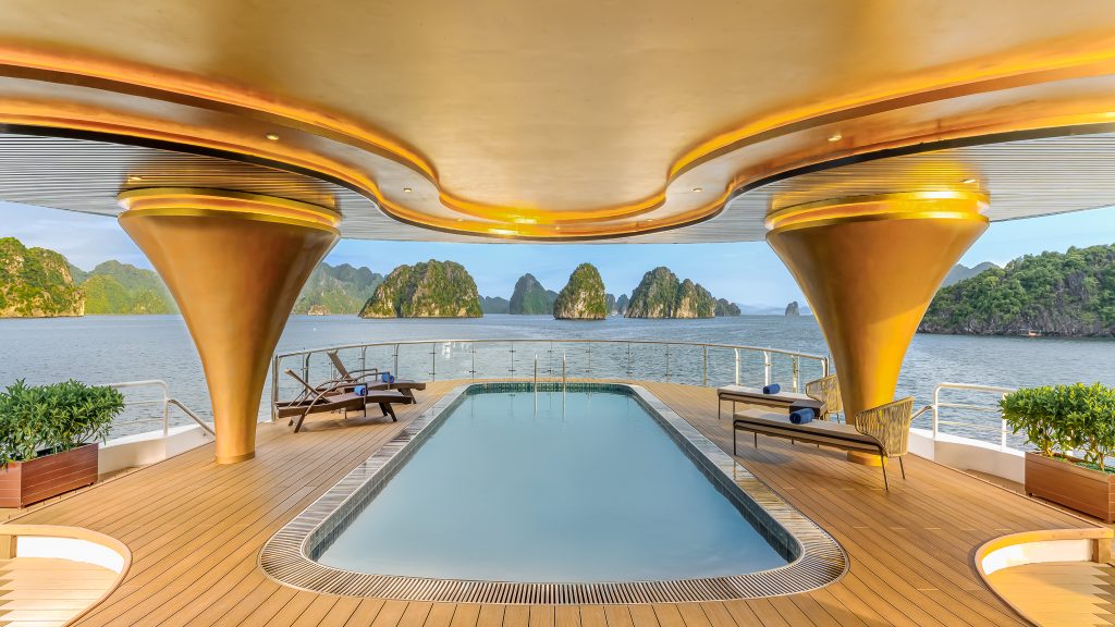 Sea Stars Cruise pool and open deck overlooking Halong Bay