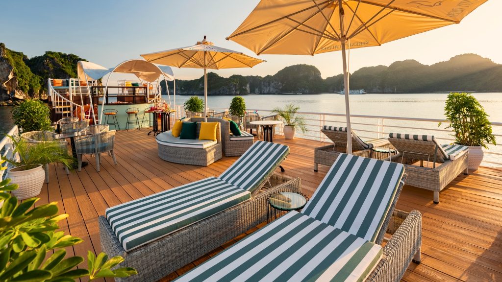 Serenity Day Cruise sundeck and outdoor seating overlooking Lan Ha Bay - Cat Ba Island