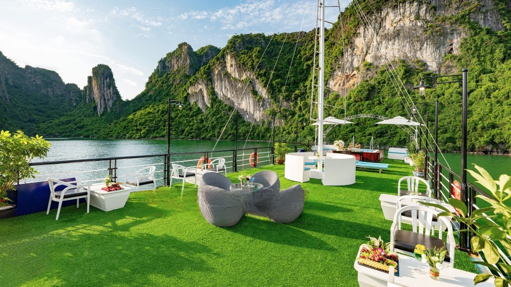 Sonata Day Cruise sundeck and outdoor seating overlooking Halong Bay