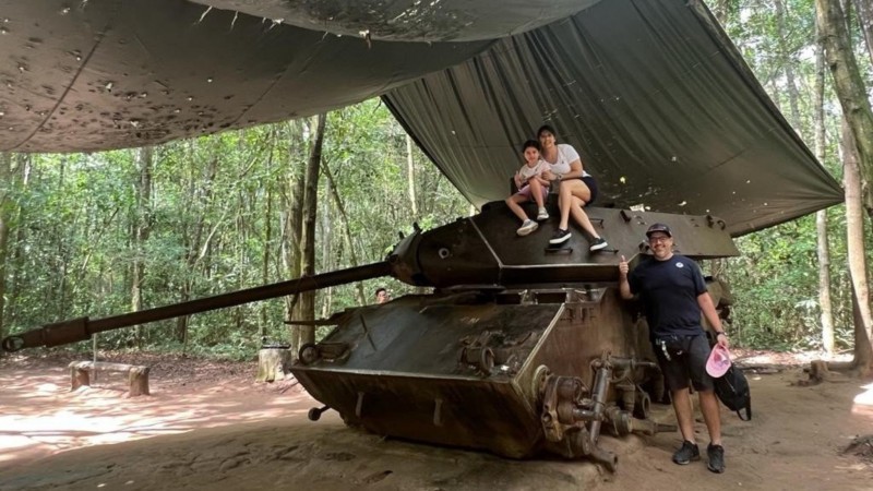 Stand Beside The Impressive Tank Model At The Historic Cu Chi Tunnels