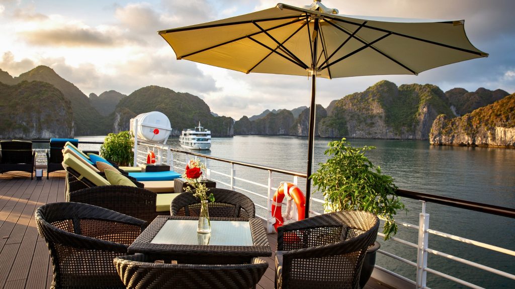 Stellar of the Seas Cruise sundeck and outdoor seating overlooking Lan Ha Bay - Cat Ba Island