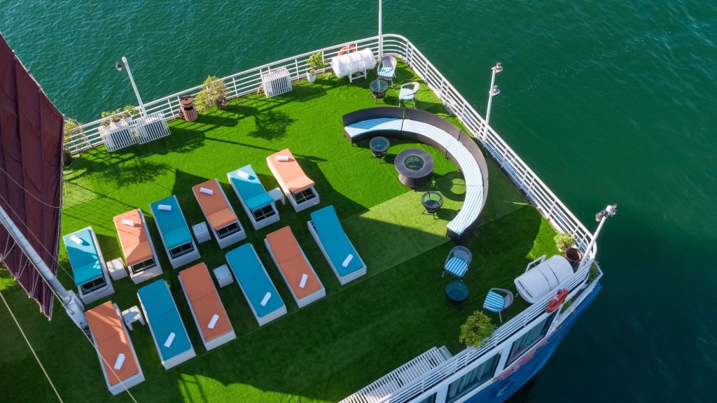 Verdure Lotus Classic Cruise sundeck and outdoor seating overlooking Lan Ha Bay - Cat Ba Island